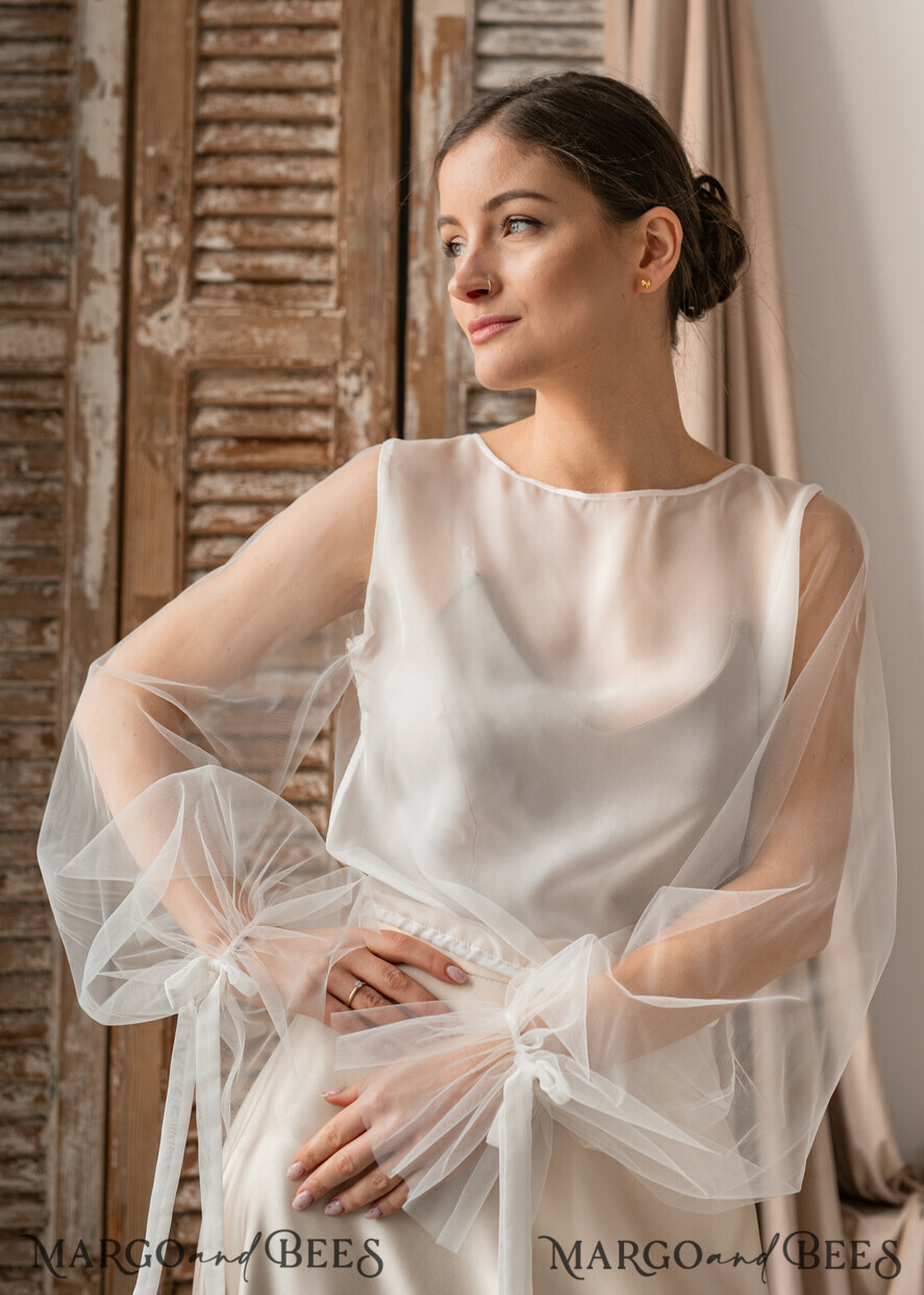 BRAUT Bolero, Kleider, Strumpfband SPITZEN HOCHZEITSBOLERO Elfenbeinseide Hochzeitsbolero mit langen Ärmeln, Shrug für Frauen zur Hochzeit, bescheidener Brautüberwurf, Boho-Bluse für die Braut, Spitzenbluse für die Braut, Kleid-Capalet.