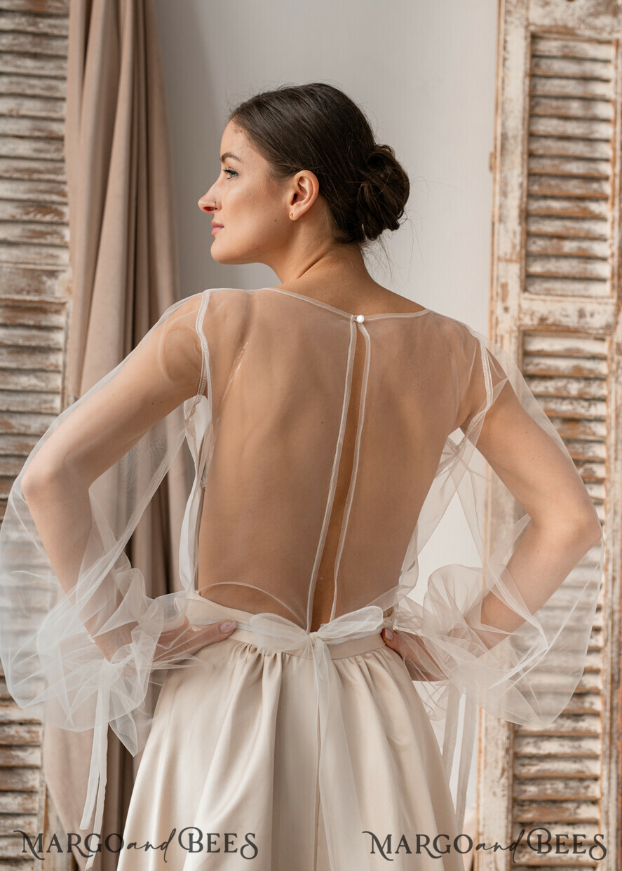 BRAUT Bolero, Kleider, Strumpfband SPITZEN HOCHZEITSBOLERO Elfenbeinseide Hochzeitsbolero mit langen Ärmeln, Shrug für Frauen zur Hochzeit, bescheidener Brautüberwurf, Boho-Bluse für die Braut, Spitzenbluse für die Braut, Kleid-Capalet.