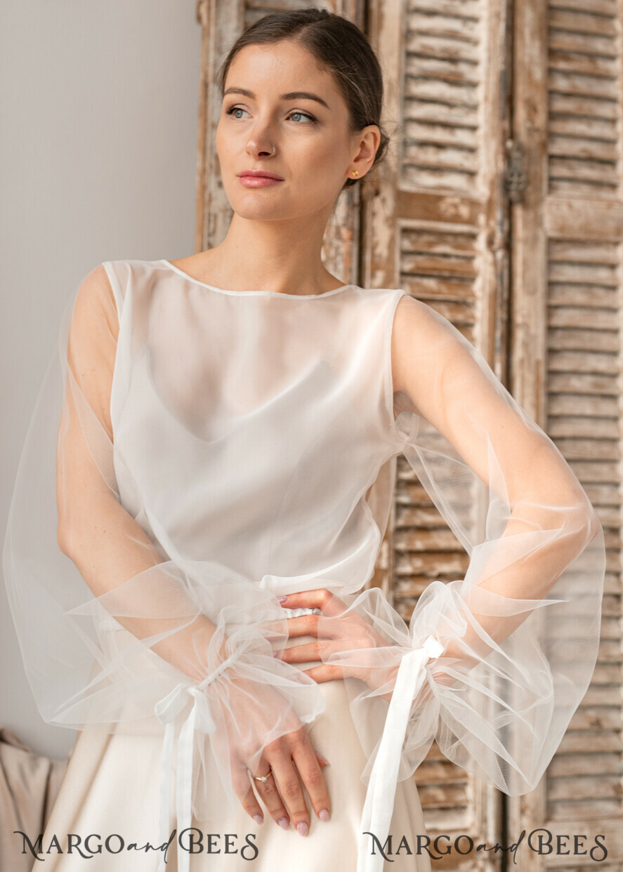 BRAUT Bolero, Kleider, Strumpfband SPITZEN HOCHZEITSBOLERO Elfenbeinseide Hochzeitsbolero mit langen Ärmeln, Shrug für Frauen zur Hochzeit, bescheidener Brautüberwurf, Boho-Bluse für die Braut, Spitzenbluse für die Braut, Kleid-Capalet.