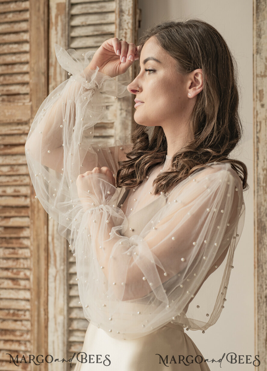 BRAUT Bolero, Kleider, Strumpfband SPITZEN HOCHZEITSBOLERO Elfenbeinfarbener Tüll Bead Hochzeit Bolero mit langen Ärmeln, Shrug Frauen Hochzeit, Braut Coverup mit Perlen, Elfenbein Bluse für die Braut, Braut Tüll Bluse, Kleid Capalet
