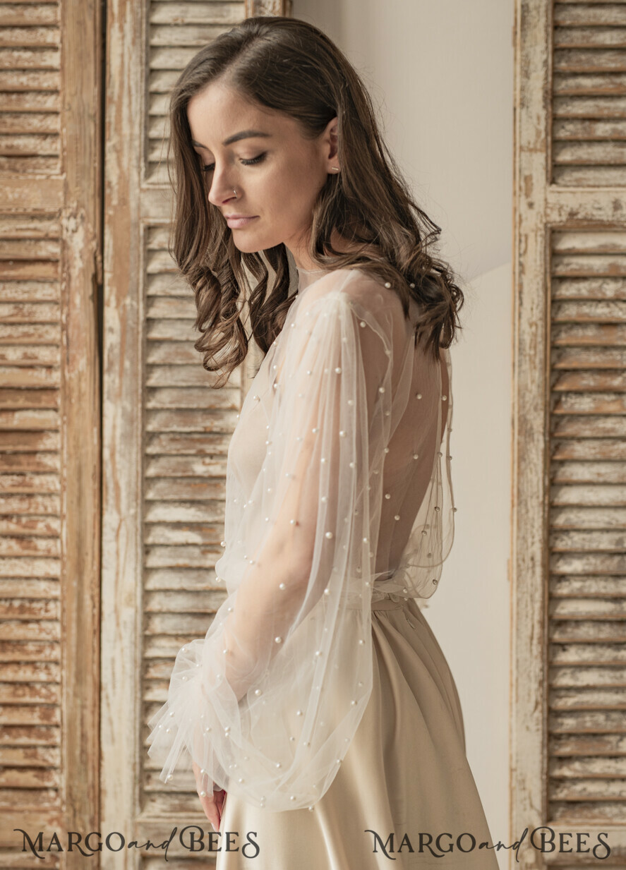 BRAUT Bolero, Kleider, Strumpfband SPITZEN HOCHZEITSBOLERO Elfenbeinfarbener Tüll Bead Hochzeit Bolero mit langen Ärmeln, Shrug Frauen Hochzeit, Braut Coverup mit Perlen, Elfenbein Bluse für die Braut, Braut Tüll Bluse, Kleid Capalet