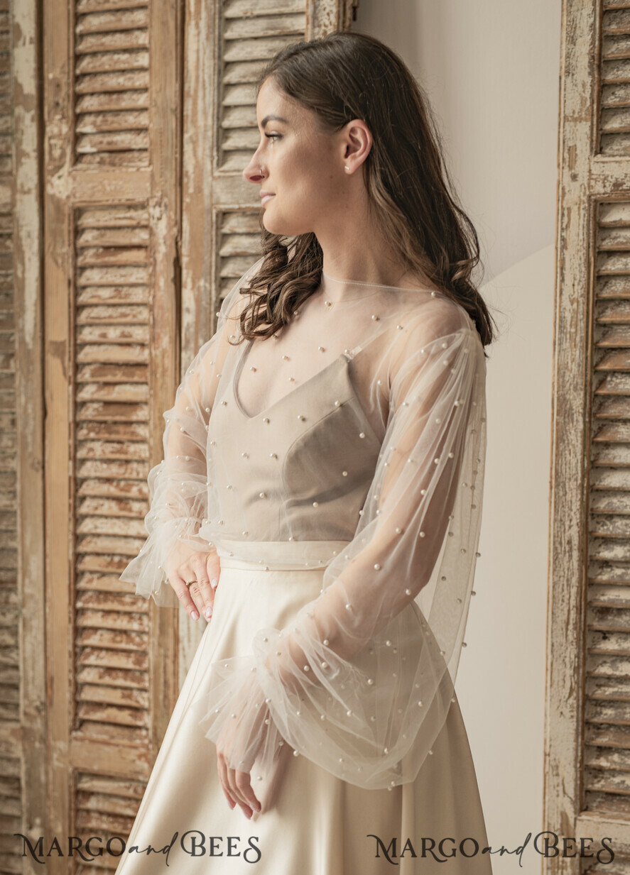 BRAUT Bolero, Kleider, Strumpfband SPITZEN HOCHZEITSBOLERO Elfenbeinfarbener Tüll Bead Hochzeit Bolero mit langen Ärmeln, Shrug Frauen Hochzeit, Braut Coverup mit Perlen, Elfenbein Bluse für die Braut, Braut Tüll Bluse, Kleid Capalet