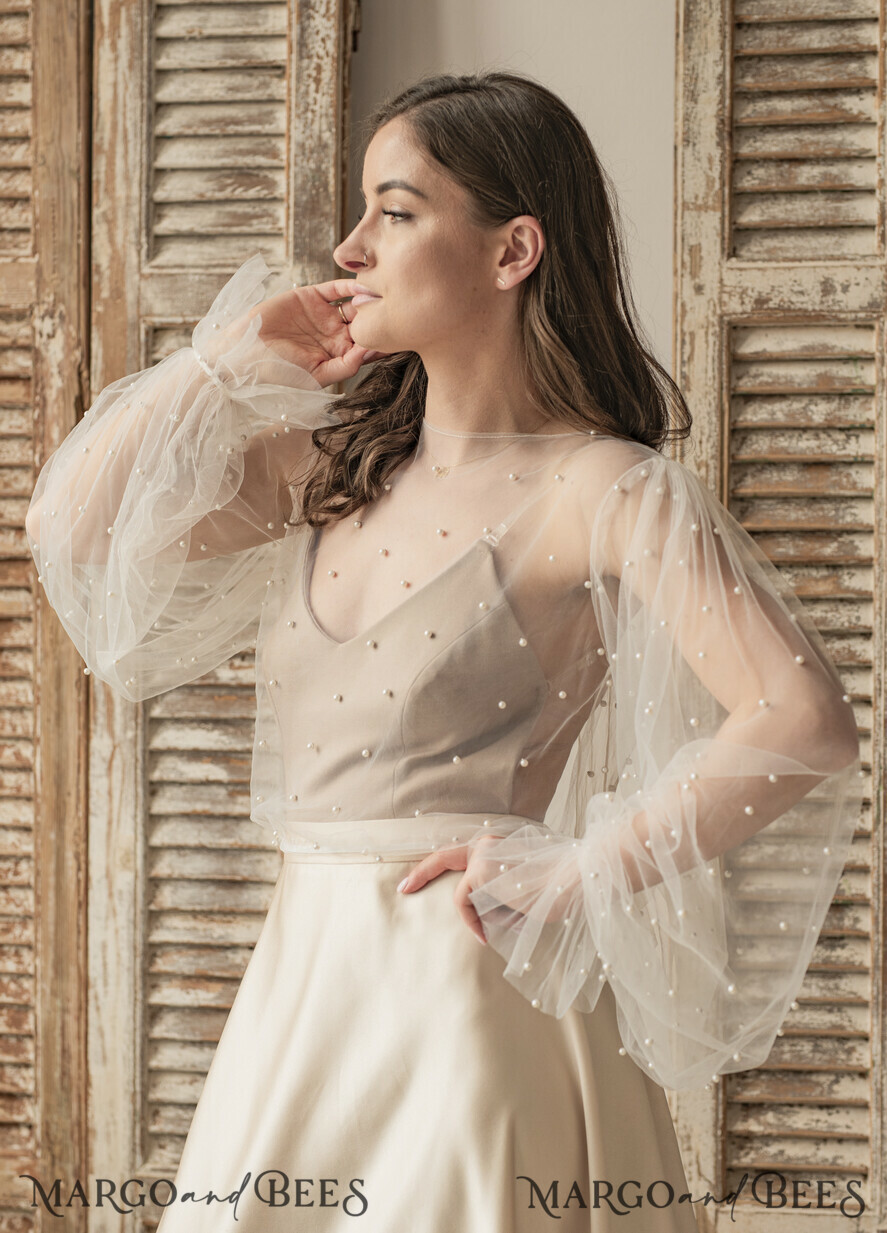 BRAUT Bolero, Kleider, Strumpfband SPITZEN HOCHZEITSBOLERO Elfenbeinfarbener Tüll Bead Hochzeit Bolero mit langen Ärmeln, Shrug Frauen Hochzeit, Braut Coverup mit Perlen, Elfenbein Bluse für die Braut, Braut Tüll Bluse, Kleid Capalet