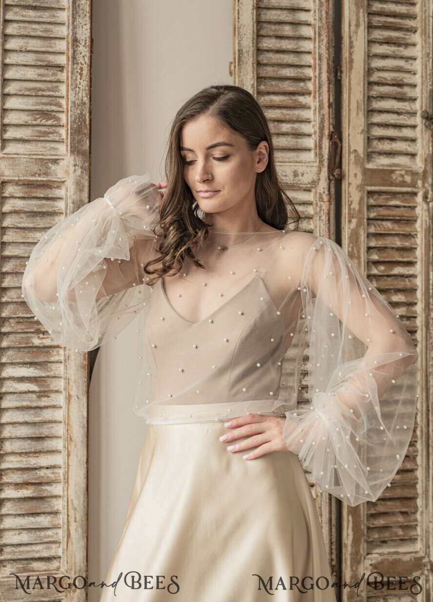BRAUT Bolero, Kleider, Strumpfband SPITZEN HOCHZEITSBOLERO Elfenbeinfarbener Tüll Bead Hochzeit Bolero mit langen Ärmeln, Shrug Frauen Hochzeit, Braut Coverup mit Perlen, Elfenbein Bluse für die Braut, Braut Tüll Bluse, Kleid Capalet