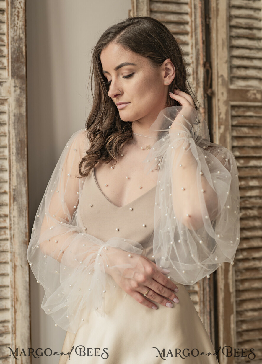 BRAUT Bolero, Kleider, Strumpfband SPITZEN HOCHZEITSBOLERO Elfenbeinfarbener Tüll Bead Hochzeit Bolero mit langen Ärmeln, Shrug Frauen Hochzeit, Braut Coverup mit Perlen, Elfenbein Bluse für die Braut, Braut Tüll Bluse, Kleid Capalet