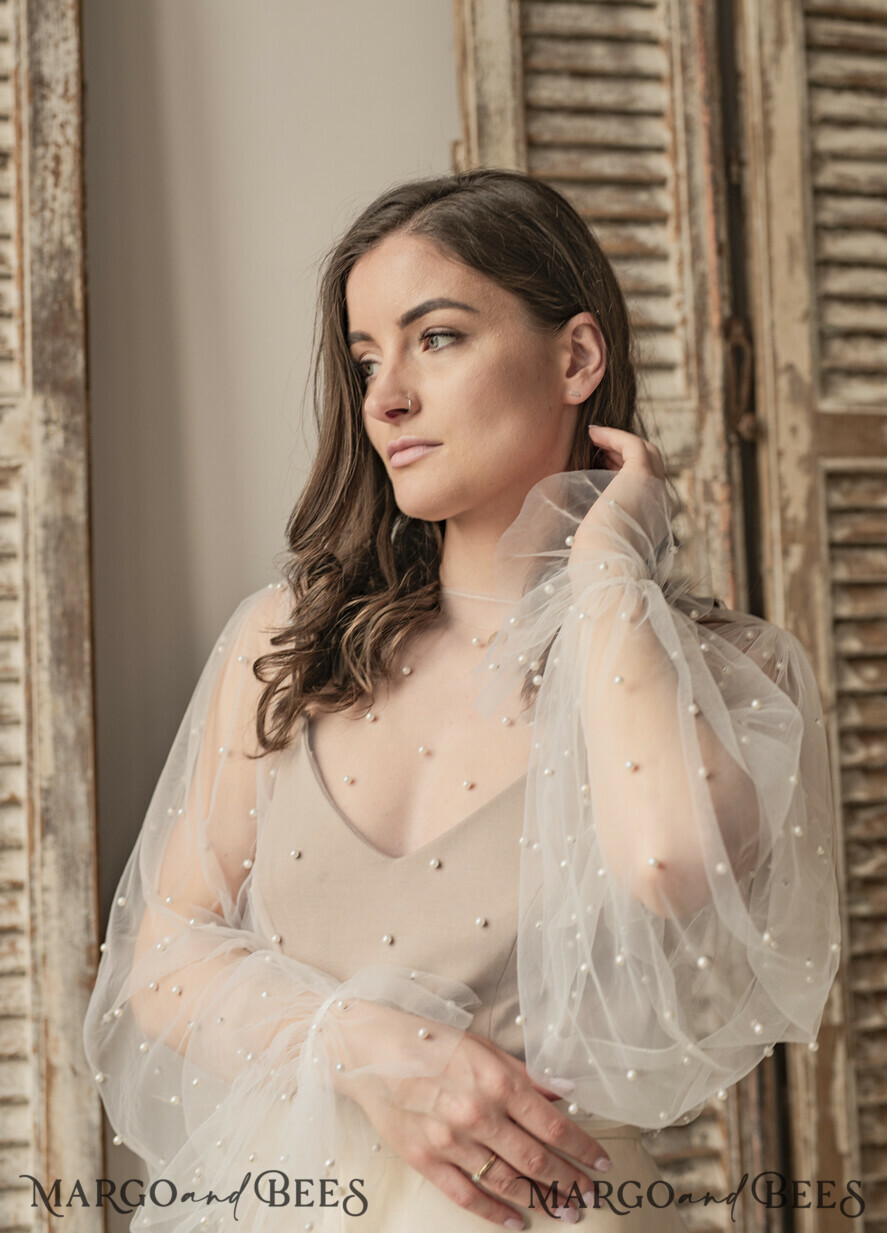 BRAUT Bolero, Kleider, Strumpfband SPITZEN HOCHZEITSBOLERO Elfenbeinfarbener Tüll Bead Hochzeit Bolero mit langen Ärmeln, Shrug Frauen Hochzeit, Braut Coverup mit Perlen, Elfenbein Bluse für die Braut, Braut Tüll Bluse, Kleid Capalet