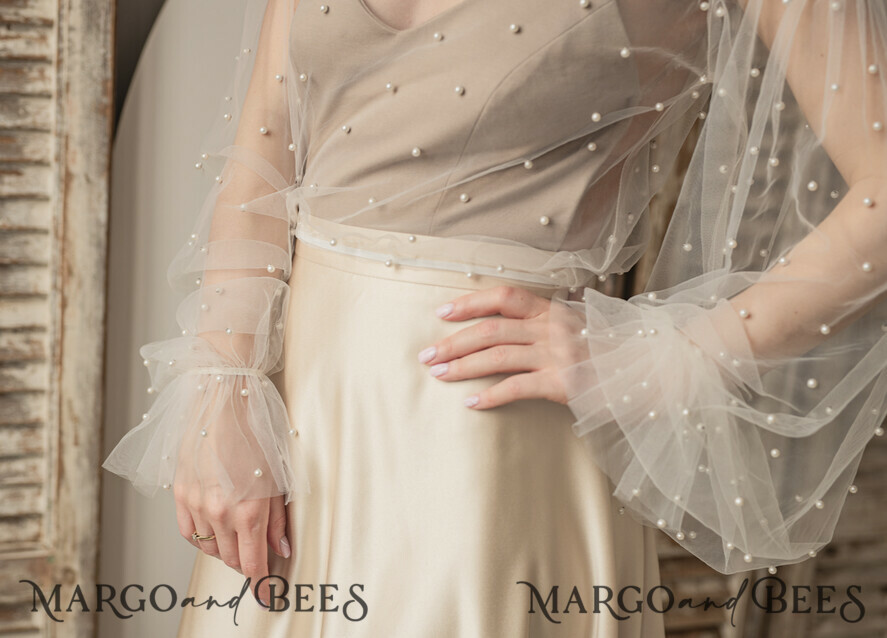 BRAUT Bolero, Kleider, Strumpfband SPITZEN HOCHZEITSBOLERO Elfenbeinfarbener Tüll Bead Hochzeit Bolero mit langen Ärmeln, Shrug Frauen Hochzeit, Braut Coverup mit Perlen, Elfenbein Bluse für die Braut, Braut Tüll Bluse, Kleid Capalet