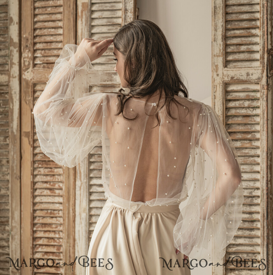 BRAUT Bolero, Kleider, Strumpfband SPITZEN HOCHZEITSBOLERO Elfenbeinfarbener Tüll Bead Hochzeit Bolero mit langen Ärmeln, Shrug Frauen Hochzeit, Braut Coverup mit Perlen, Elfenbein Bluse für die Braut, Braut Tüll Bluse, Kleid Capalet