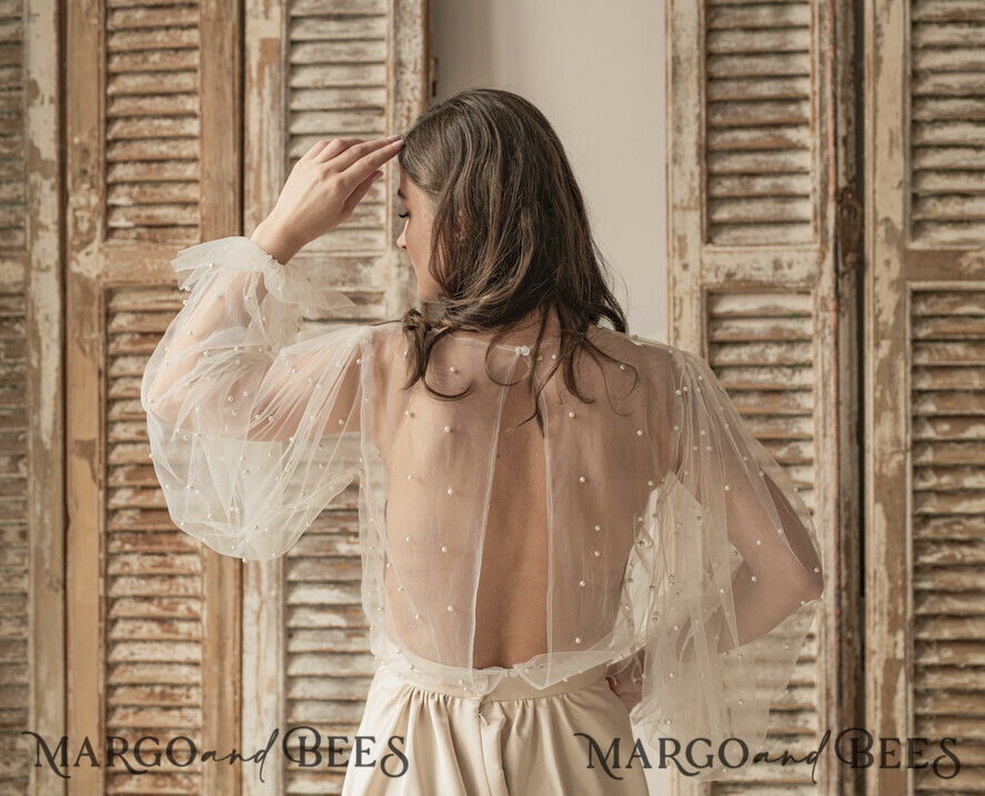 BRAUT Bolero, Kleider, Strumpfband SPITZEN HOCHZEITSBOLERO Elfenbeinfarbener Tüll Bead Hochzeit Bolero mit langen Ärmeln, Shrug Frauen Hochzeit, Braut Coverup mit Perlen, Elfenbein Bluse für die Braut, Braut Tüll Bluse, Kleid Capalet
