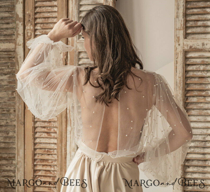 BRAUT Bolero, Kleider, Strumpfband SPITZEN HOCHZEITSBOLERO Elfenbeinfarbener Tüll Bead Hochzeit Bolero mit langen Ärmeln, Shrug Frauen Hochzeit, Braut Coverup mit Perlen, Elfenbein Bluse für die Braut, Braut Tüll Bluse, Kleid Capalet
