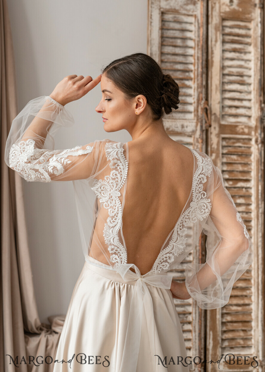 BRAUT Bolero, Kleider, Strumpfband SPITZEN HOCHZEITSBOLERO Elfenbein Spitze Hochzeit Bolero Puffärmel, Shrug Damen Hochzeit, Braut Rückenausschnitt Coverup, Elfenbein Bluse für die Braut, Braut Spitze Bluse, Kleid Capelet