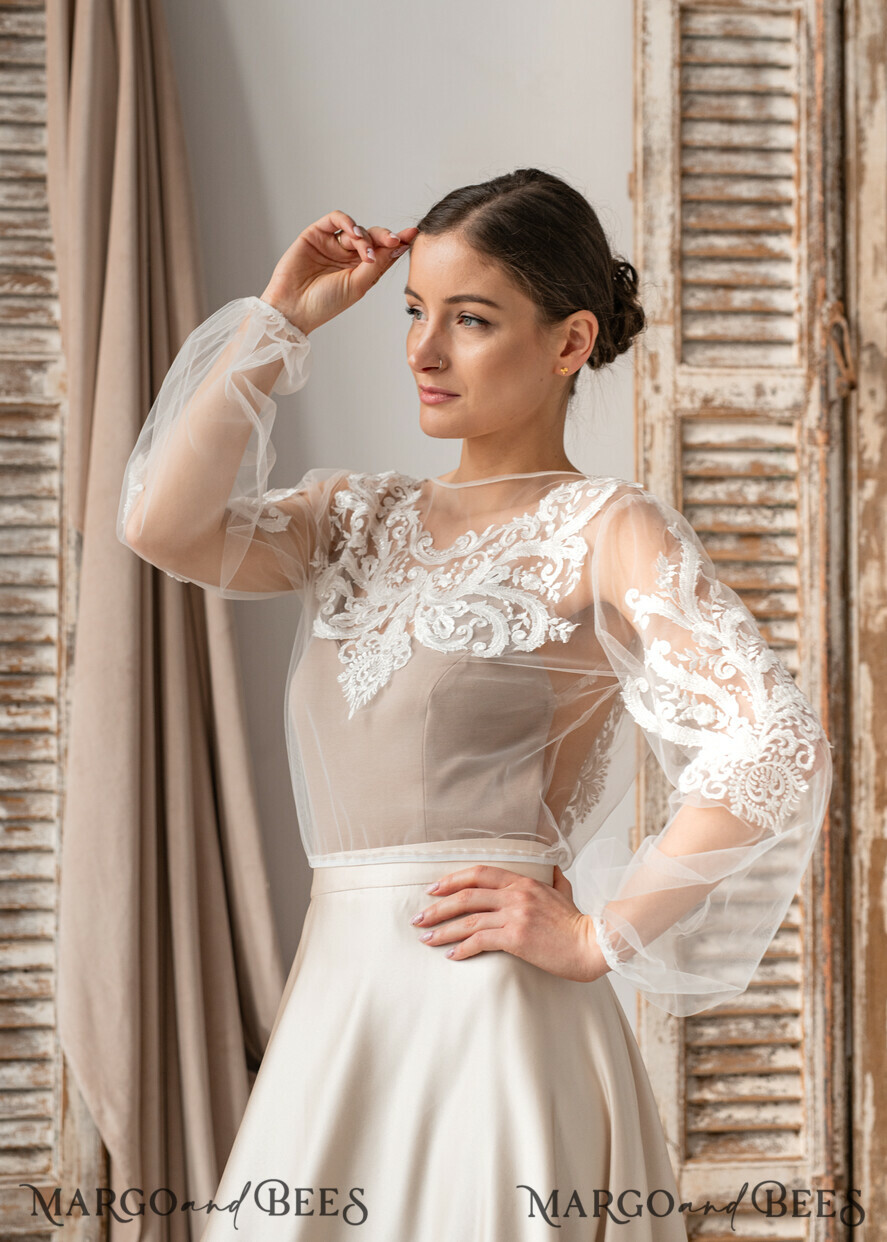 BRAUT Bolero, Kleider, Strumpfband SPITZEN HOCHZEITSBOLERO Elfenbein Spitze Hochzeit Bolero Puffärmel, Shrug Damen Hochzeit, Braut Rückenausschnitt Coverup, Elfenbein Bluse für die Braut, Braut Spitze Bluse, Kleid Capelet