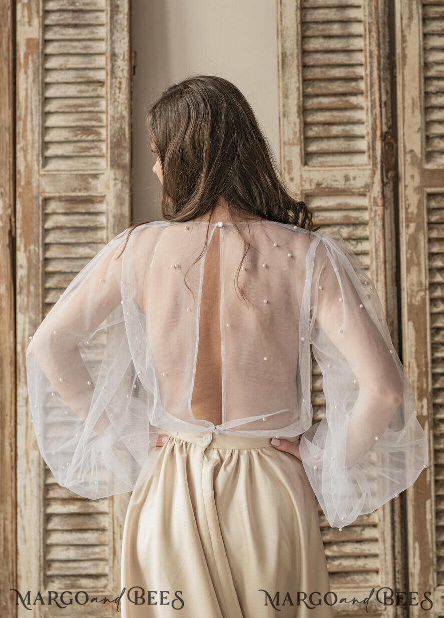 BRAUT Bolero, Kleider, Strumpfband SPITZEN HOCHZEITSBOLERO Elfenbein Tüll Beaded Hochzeitsbolero mit langen Ärmeln, Shrug Frauen Hochzeit, Braut Coverup mit Perlen, Elfenbein Bluse für die Braut, Braut Tüll Bluse, Kleid Capalet