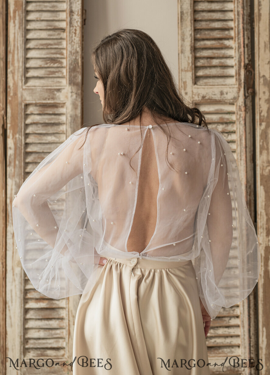 BRAUT Bolero, Kleider, Strumpfband SPITZEN HOCHZEITSBOLERO Elfenbein Tüll Beaded Hochzeitsbolero mit langen Ärmeln, Shrug Frauen Hochzeit, Braut Coverup mit Perlen, Elfenbein Bluse für die Braut, Braut Tüll Bluse, Kleid Capalet