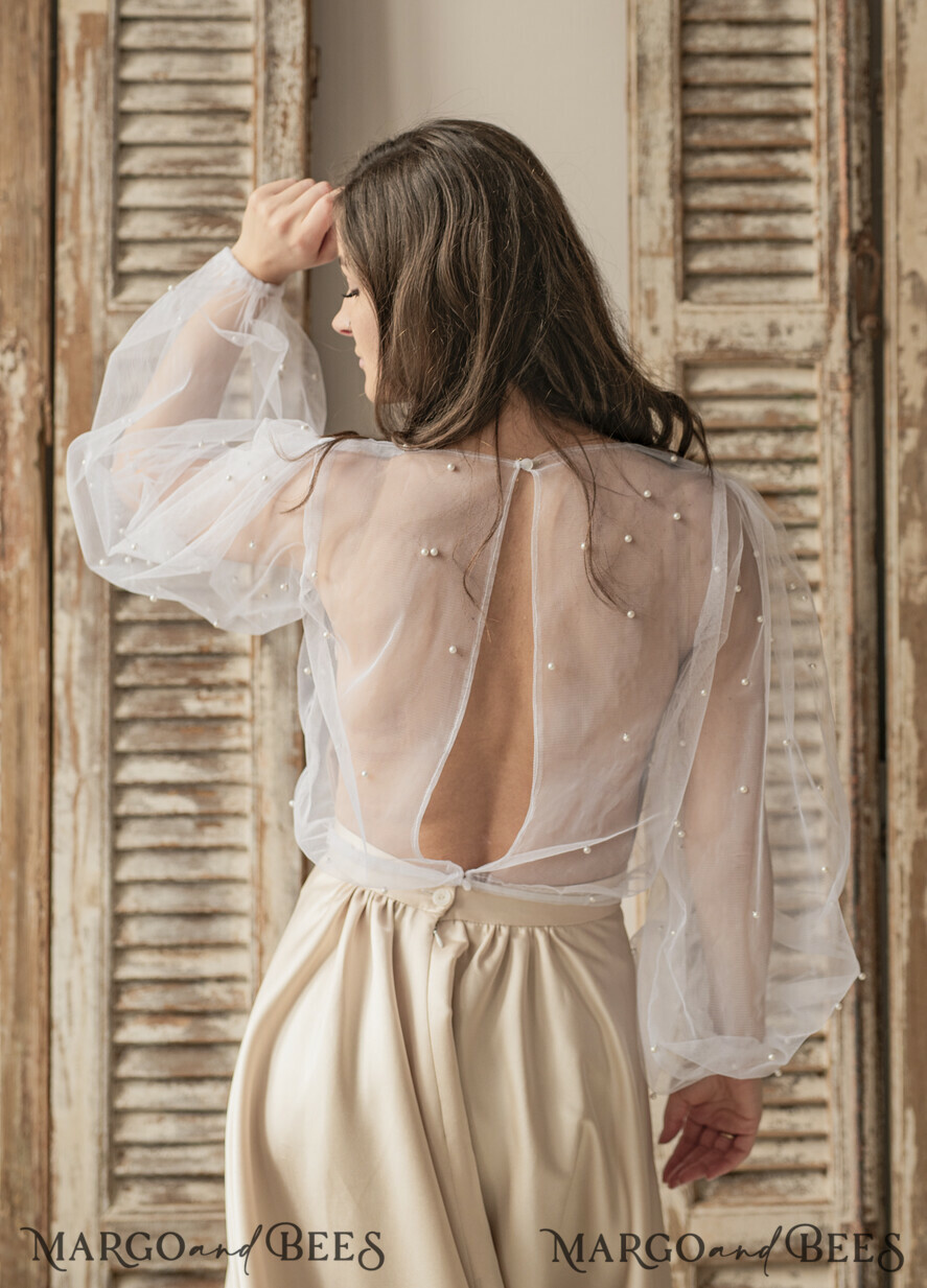BRAUT Bolero, Kleider, Strumpfband SPITZEN HOCHZEITSBOLERO Elfenbein Tüll Beaded Hochzeitsbolero mit langen Ärmeln, Shrug Frauen Hochzeit, Braut Coverup mit Perlen, Elfenbein Bluse für die Braut, Braut Tüll Bluse, Kleid Capalet