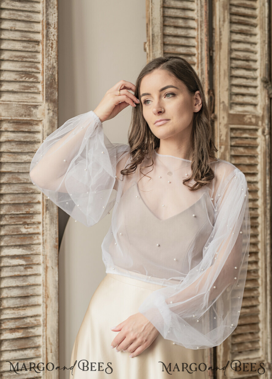 BRAUT Bolero, Kleider, Strumpfband SPITZEN HOCHZEITSBOLERO Elfenbein Tüll Beaded Hochzeitsbolero mit langen Ärmeln, Shrug Frauen Hochzeit, Braut Coverup mit Perlen, Elfenbein Bluse für die Braut, Braut Tüll Bluse, Kleid Capalet