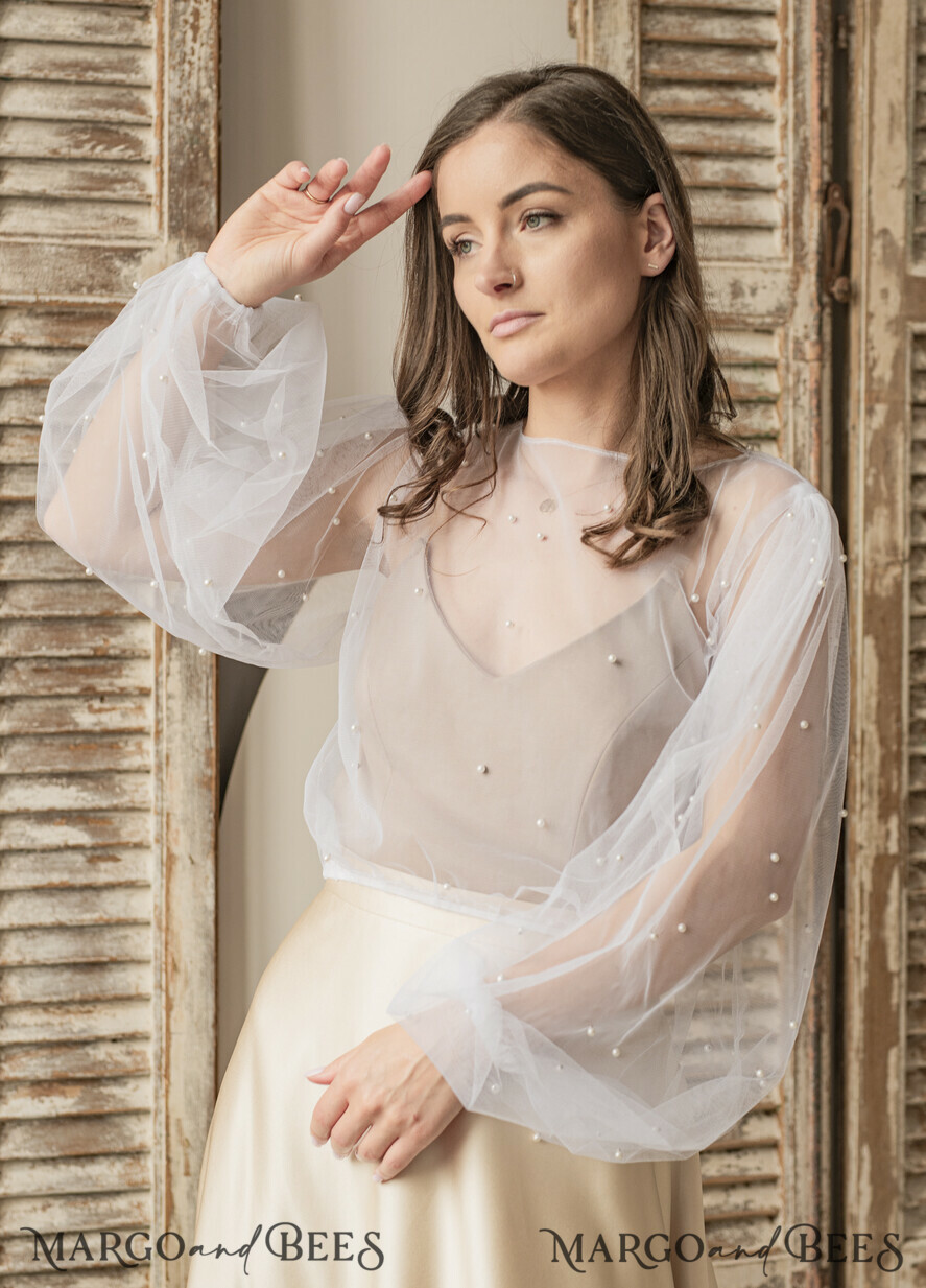 BRAUT Bolero, Kleider, Strumpfband SPITZEN HOCHZEITSBOLERO Elfenbein Tüll Beaded Hochzeitsbolero mit langen Ärmeln, Shrug Frauen Hochzeit, Braut Coverup mit Perlen, Elfenbein Bluse für die Braut, Braut Tüll Bluse, Kleid Capalet