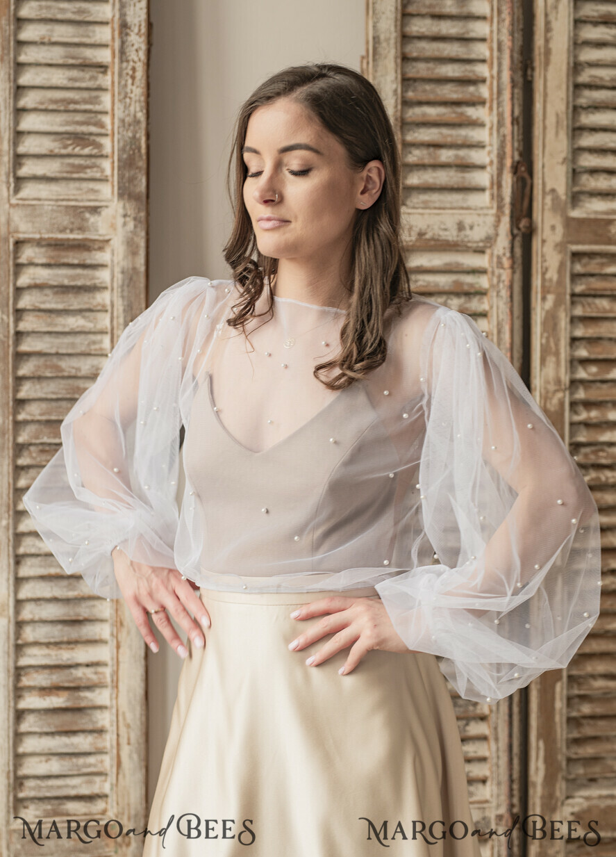 BRAUT Bolero, Kleider, Strumpfband SPITZEN HOCHZEITSBOLERO Elfenbein Tüll Beaded Hochzeitsbolero mit langen Ärmeln, Shrug Frauen Hochzeit, Braut Coverup mit Perlen, Elfenbein Bluse für die Braut, Braut Tüll Bluse, Kleid Capalet