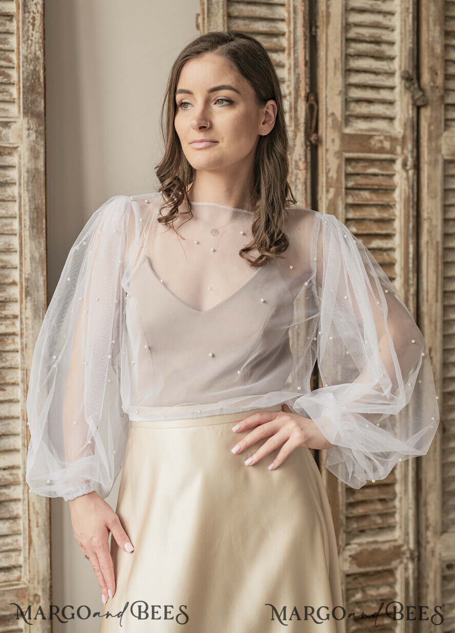 BRAUT Bolero, Kleider, Strumpfband SPITZEN HOCHZEITSBOLERO Elfenbein Tüll Beaded Hochzeitsbolero mit langen Ärmeln, Shrug Frauen Hochzeit, Braut Coverup mit Perlen, Elfenbein Bluse für die Braut, Braut Tüll Bluse, Kleid Capalet