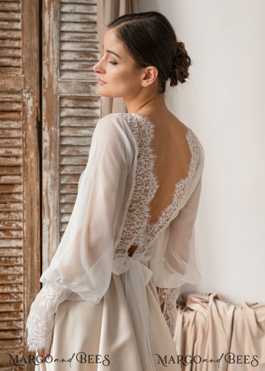 BRAUT Bolero, Kleider, Strumpfband SPITZEN HOCHZEITSBOLERO Elfenbein Seiden- und Spitzen-Hochzeitsbolero mit langen Ärmeln, Schulterstück für Frauenhochzeiten, Braut Rückenfreies Coverup, Elfenbein Bluse für die Braut, Braut Spitzenbluse, Kleid Capalet