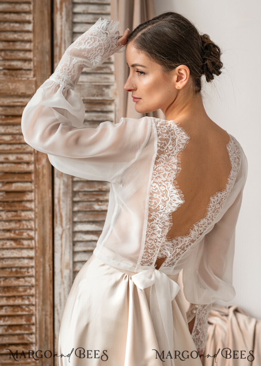 BRAUT Bolero, Kleider, Strumpfband SPITZEN HOCHZEITSBOLERO Elfenbein Seiden- und Spitzen-Hochzeitsbolero mit langen Ärmeln, Schulterstück für Frauenhochzeiten, Braut Rückenfreies Coverup, Elfenbein Bluse für die Braut, Braut Spitzenbluse, Kleid Capalet