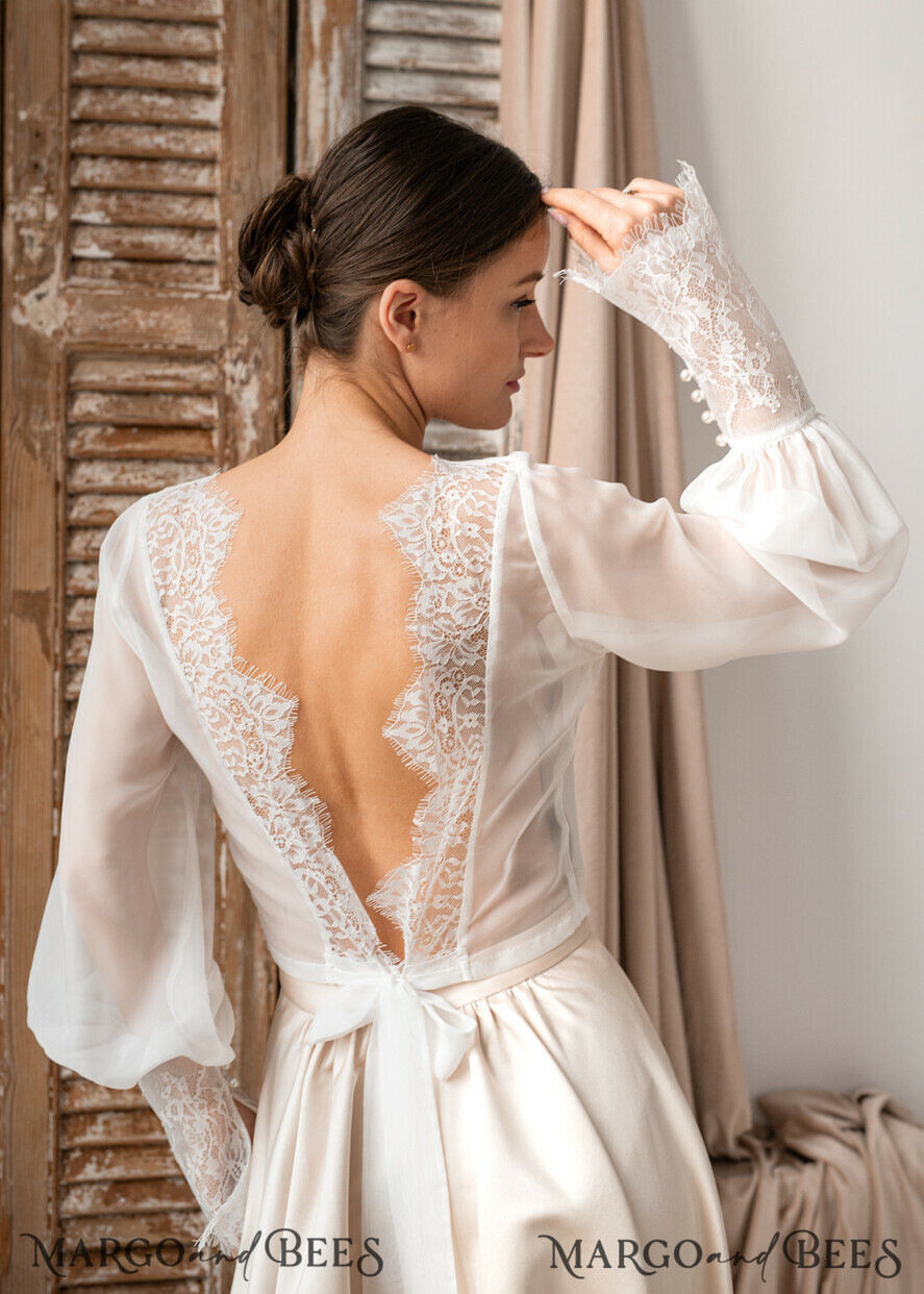 BRAUT Bolero, Kleider, Strumpfband SPITZEN HOCHZEITSBOLERO Elfenbein Seiden- und Spitzen-Hochzeitsbolero mit langen Ärmeln, Schulterstück für Frauenhochzeiten, Braut Rückenfreies Coverup, Elfenbein Bluse für die Braut, Braut Spitzenbluse, Kleid Capalet