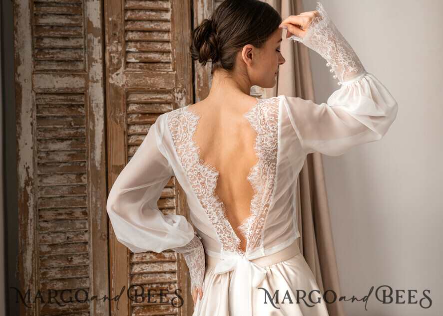 BRAUT Bolero, Kleider, Strumpfband SPITZEN HOCHZEITSBOLERO Elfenbein Seiden- und Spitzen-Hochzeitsbolero mit langen Ärmeln, Schulterstück für Frauenhochzeiten, Braut Rückenfreies Coverup, Elfenbein Bluse für die Braut, Braut Spitzenbluse, Kleid Capalet