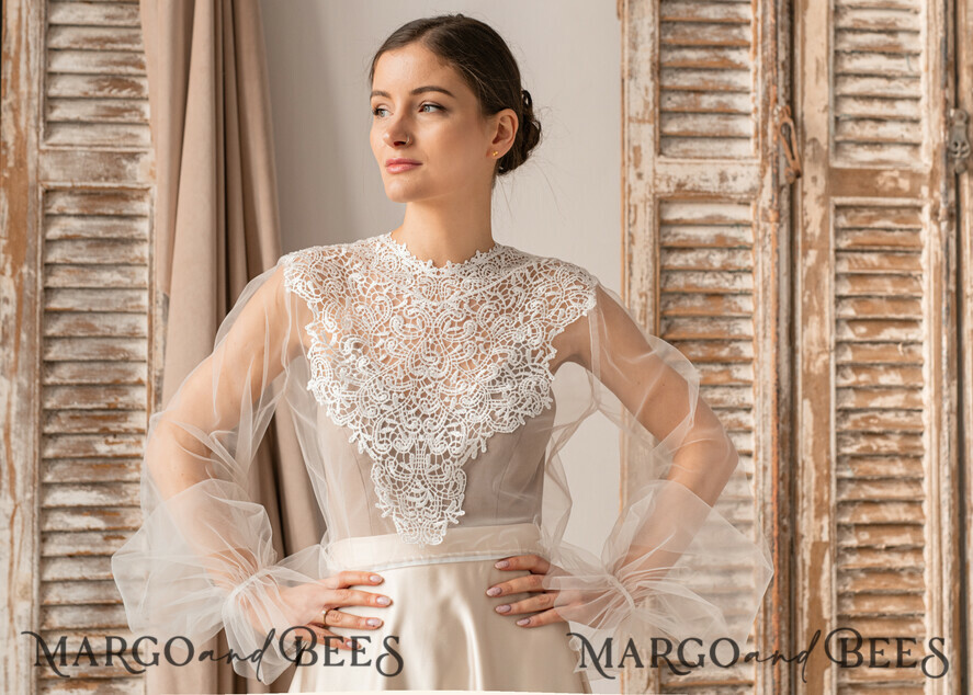 BRAUT Bolero, Kleider, Strumpfband SPITZEN HOCHZEITSBOLERO Elfenbein Spitze Hochzeitsbolero Puffärmel, Shrug Frauen Hochzeit, Braut Rückenausschnitt Coverup, Elfenbein Bluse für die Braut, Braut Spitze Bluse, Kleid Capalet