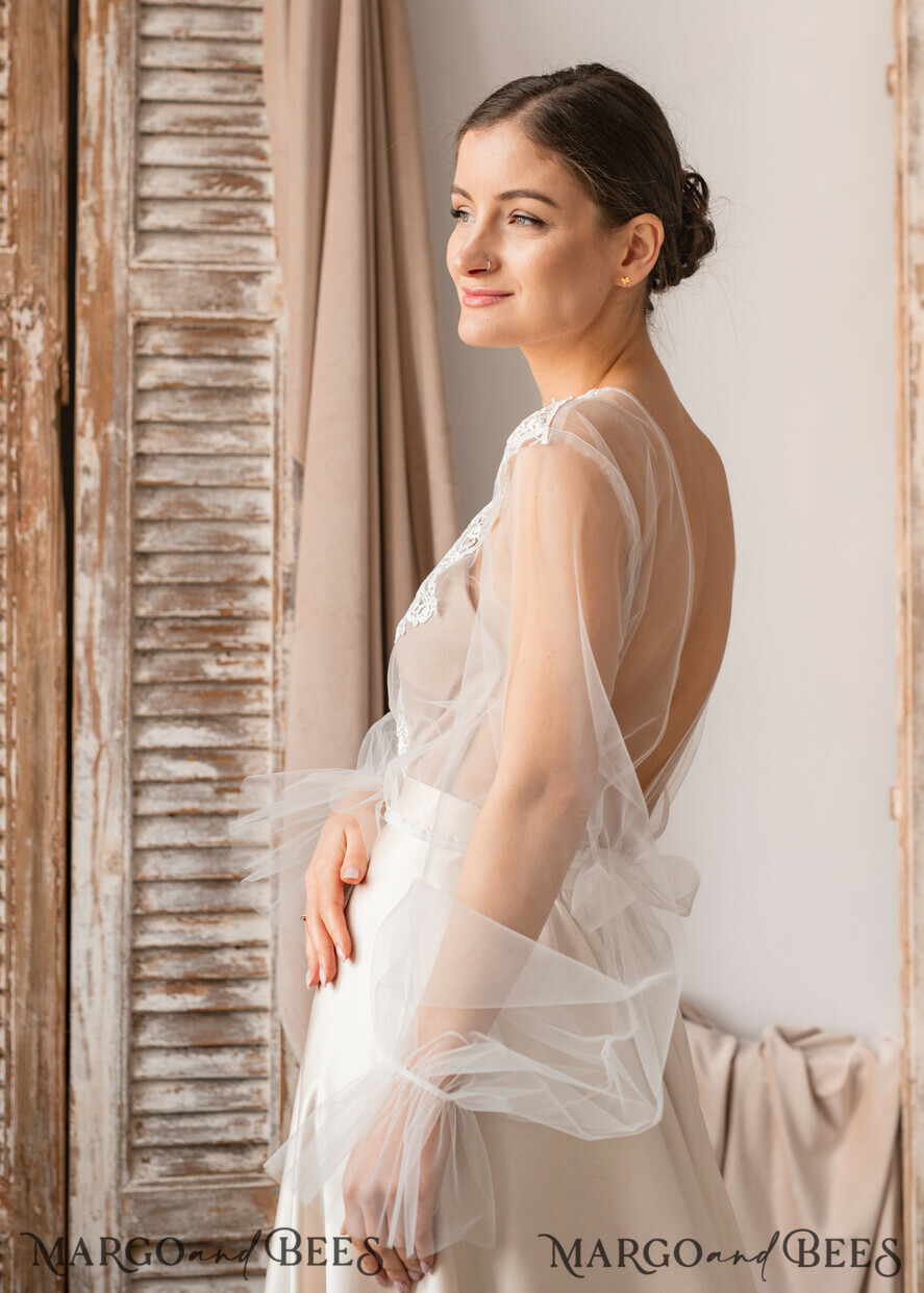 BRAUT Bolero, Kleider, Strumpfband SPITZEN HOCHZEITSBOLERO Elfenbein Spitze Hochzeitsbolero Puffärmel, Shrug Frauen Hochzeit, Braut Rückenausschnitt Coverup, Elfenbein Bluse für die Braut, Braut Spitze Bluse, Kleid Capalet