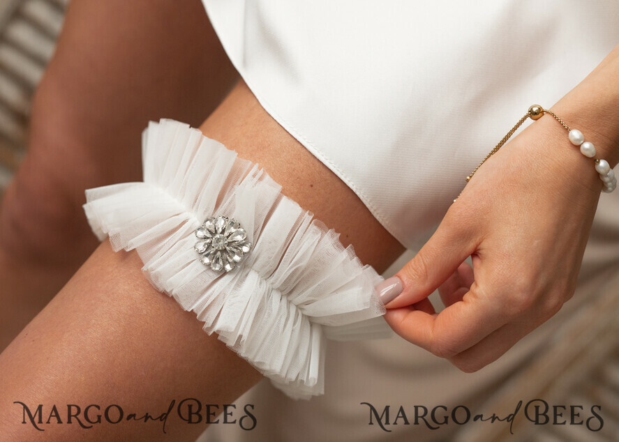 BRAUT Bolero, Kleider, Strumpfband STRUMPFBAND FÜR DIE BRAUT Hochzeitsstrumpfband-Set in Box, Tüll- und Kristallstrumpfband-Set, Strumpfband für die Braut, Geschenkvorschlag für die Braut, elfenbeinfarbenes Tüllstrumpfband-Set, Geschenk für die Braut