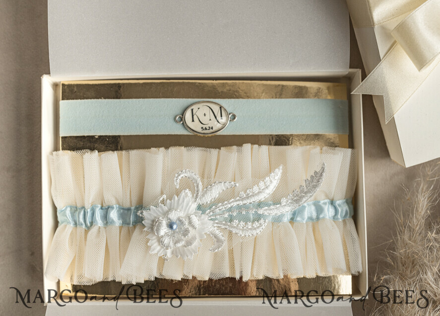 BRIDE bolero, robes, garter GARTER FOR BRIDE Set of Two gartes, personalised wedding garter in box, something blue tulle garter & personalised toss set, garter for bride, bridal shower gift for bride, tulle garter set, gift for bride, toss garter