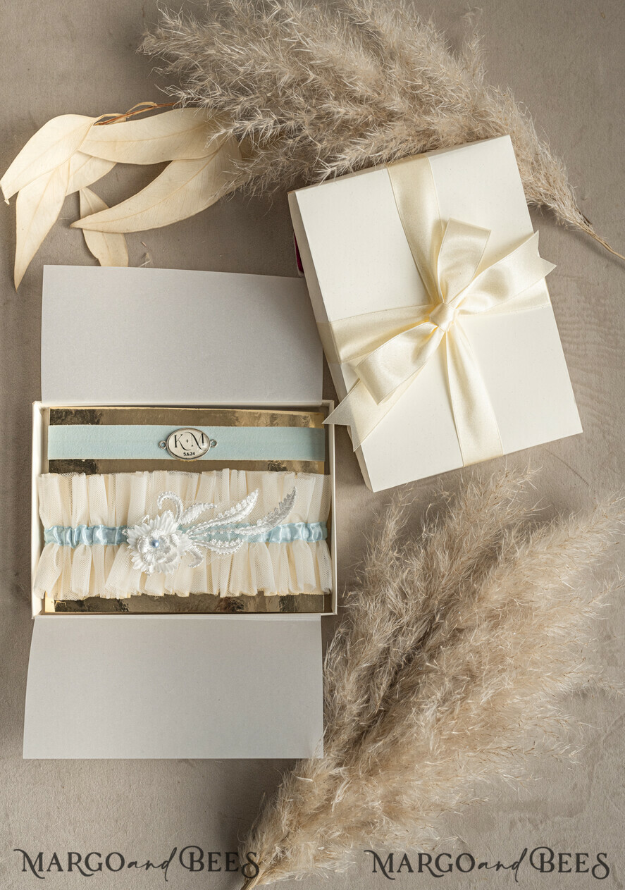 BRIDE bolero, robes, garter GARTER FOR BRIDE Set of Two gartes, personalised wedding garter in box, something blue tulle garter & personalised toss set, garter for bride, bridal shower gift for bride, tulle garter set, gift for bride, toss garter