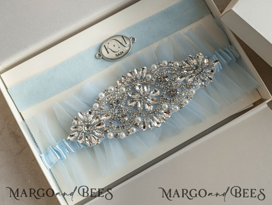 BRIDE bolero, robes, garter GARTER FOR BRIDE Set of Two gartes, personalised wedding garter in box, something blue tulle garter & personalised toss set, garter for bride, bridal shower gift for bride, tulle garter set, gift for bride, toss garter