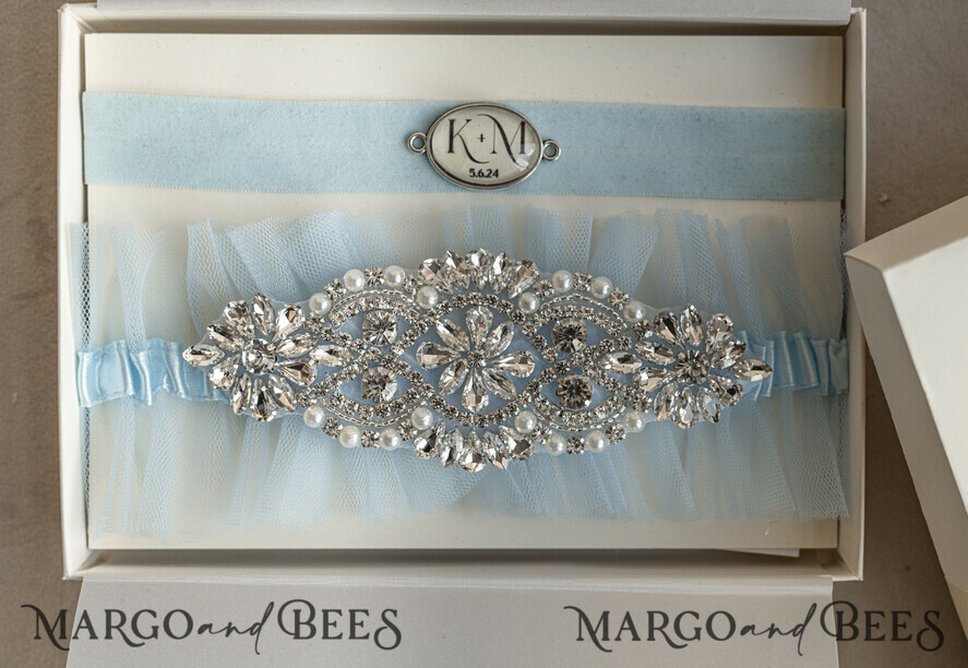 BRIDE bolero, robes, garter GARTER FOR BRIDE Set of Two gartes, personalised wedding garter in box, something blue tulle garter & personalised toss set, garter for bride, bridal shower gift for bride, tulle garter set, gift for bride, toss garter