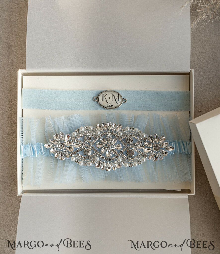 BRIDE bolero, robes, garter GARTER FOR BRIDE Set of Two gartes, personalised wedding garter in box, something blue tulle garter & personalised toss set, garter for bride, bridal shower gift for bride, tulle garter set, gift for bride, toss garter