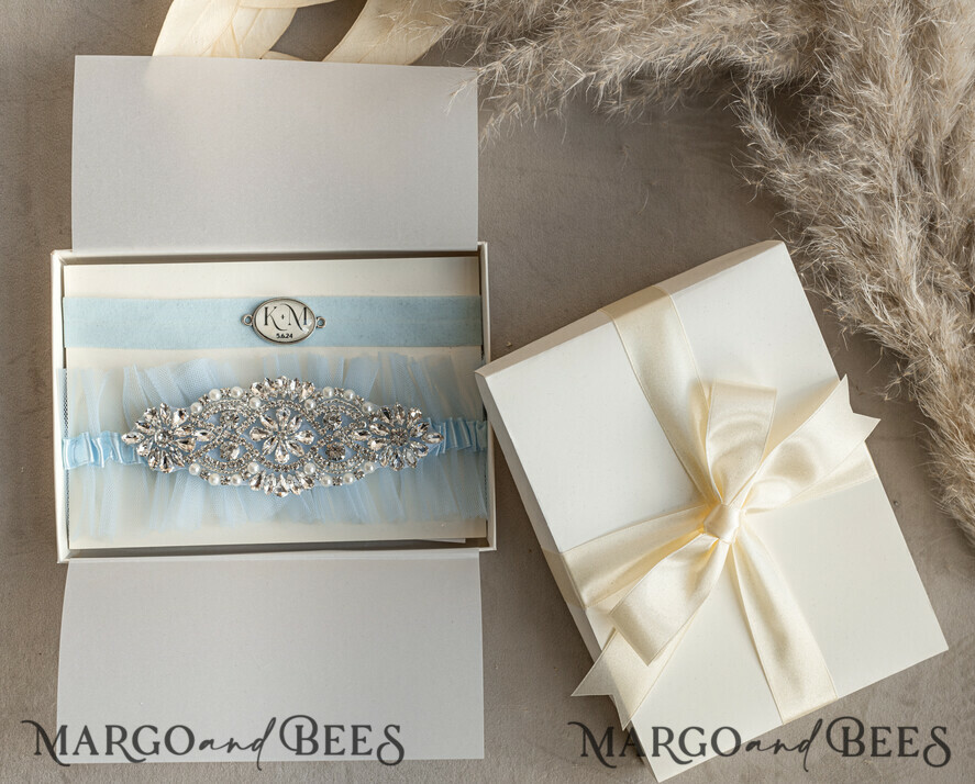 BRIDE bolero, robes, garter GARTER FOR BRIDE Set of Two gartes, personalised wedding garter in box, something blue tulle garter & personalised toss set, garter for bride, bridal shower gift for bride, tulle garter set, gift for bride, toss garter