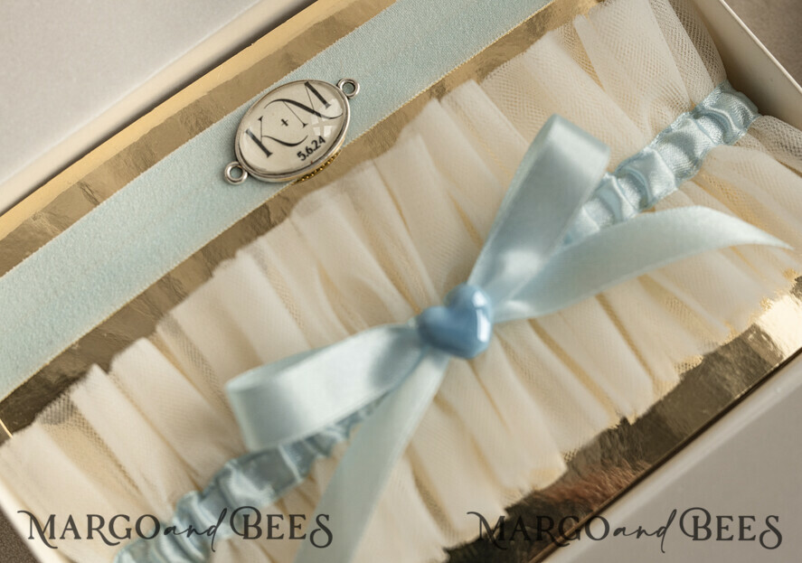 BRIDE bolero, robes, garter GARTER FOR BRIDE Set of Two gartes, personalised wedding garter in box, something blue tulle garter & personalised toss set, garter for bride, bridal shower gift for bride, tulle garter set, gift for bride, toss garter