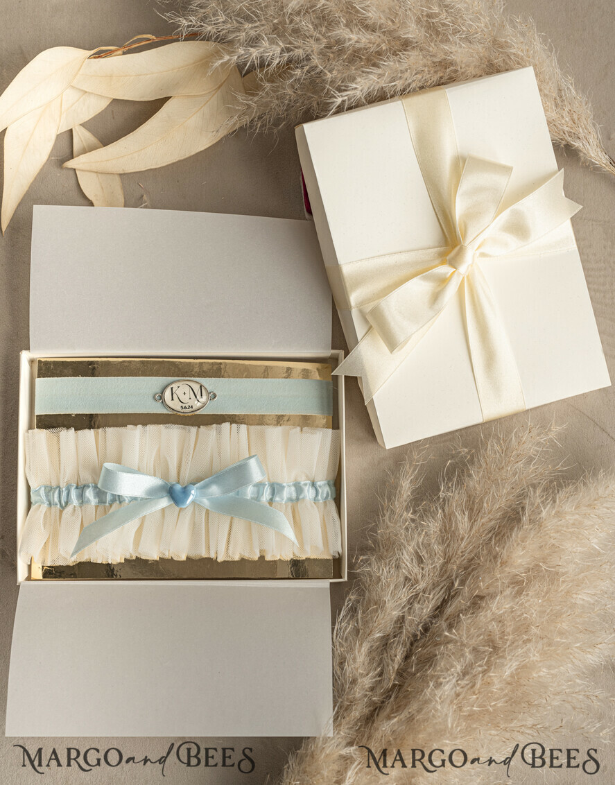 BRIDE bolero, robes, garter GARTER FOR BRIDE Set of Two gartes, personalised wedding garter in box, something blue tulle garter & personalised toss set, garter for bride, bridal shower gift for bride, tulle garter set, gift for bride, toss garter