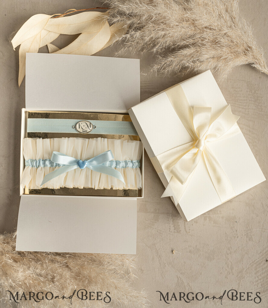 BRIDE bolero, robes, garter GARTER FOR BRIDE Set of Two gartes, personalised wedding garter in box, something blue tulle garter & personalised toss set, garter for bride, bridal shower gift for bride, tulle garter set, gift for bride, toss garter