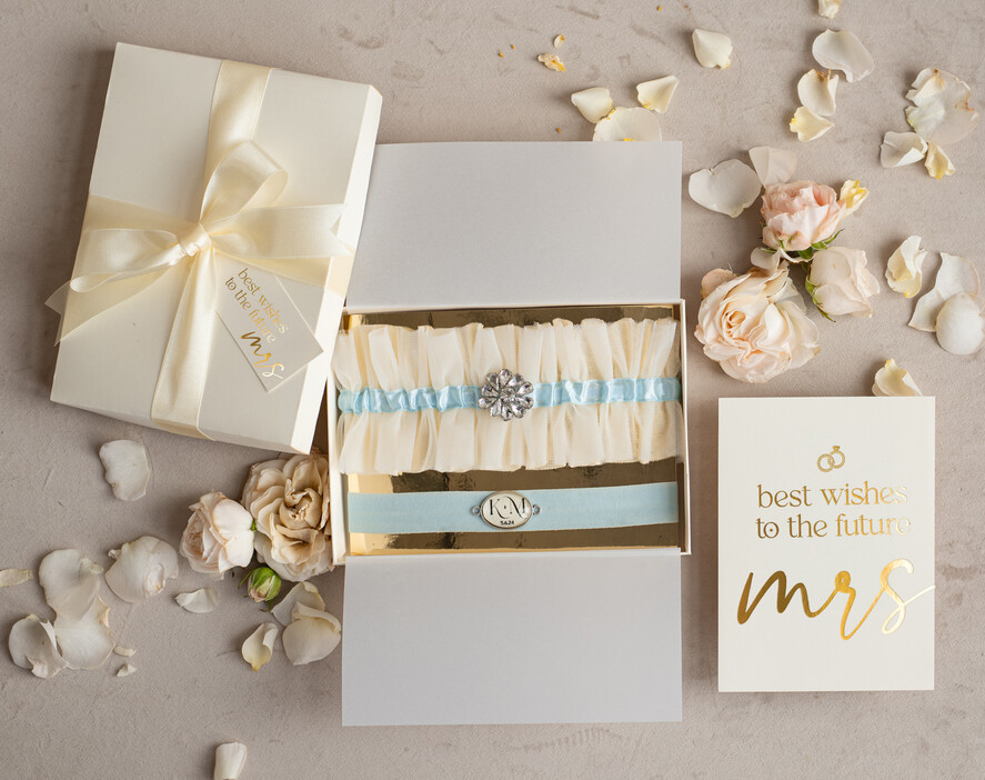BRIDE bolero, robes, garter GARTER FOR BRIDE Set of Two gartes, personalised wedding garter in box, something blue tulle garter & personalised toss set, garter for bride, bridal shower gift for bride, ivory tulle garter set, gift for bride, toss garter