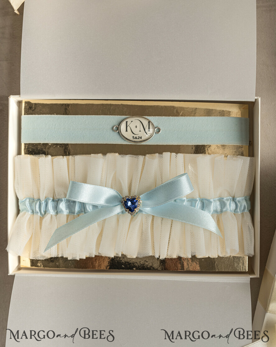 BRIDE bolero, robes, garter GARTER FOR BRIDE Set of Two gartes, personalised wedding garter in box, something blue tulle garter & personalised toss set, garter for bride, bridal shower gift for bride, tulle garter set, gift for bride, toss garter