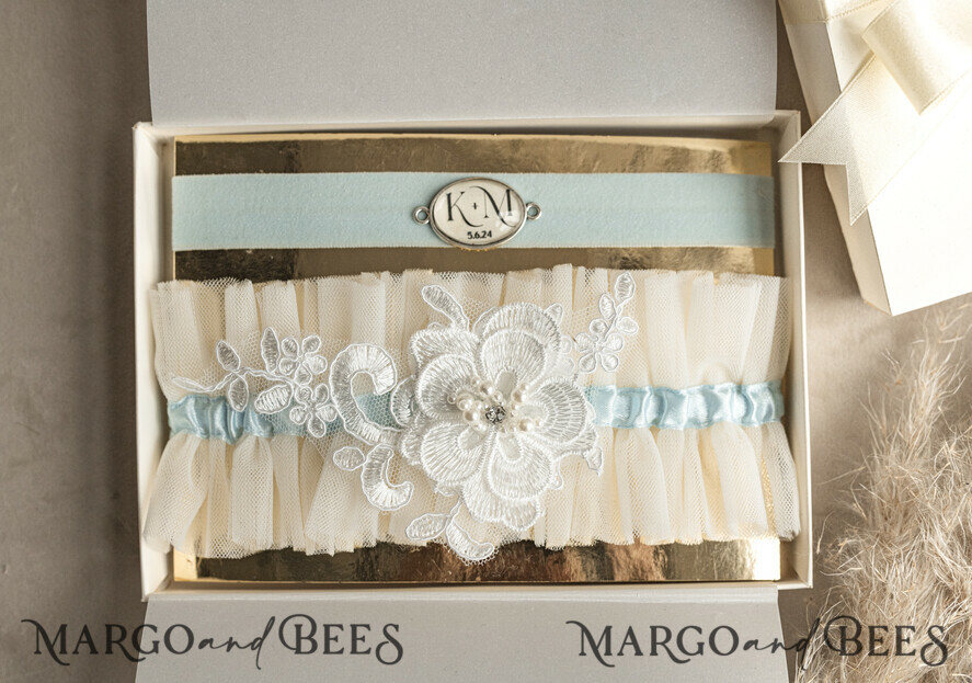 BRIDE bolero, robes, garter GARTER FOR BRIDE Set of Two gartes, personalised wedding garter in box, something blue tulle garter & personalised toss set, garter for bride, bridal shower gift for bride, tulle garter set, gift for bride, toss garter
