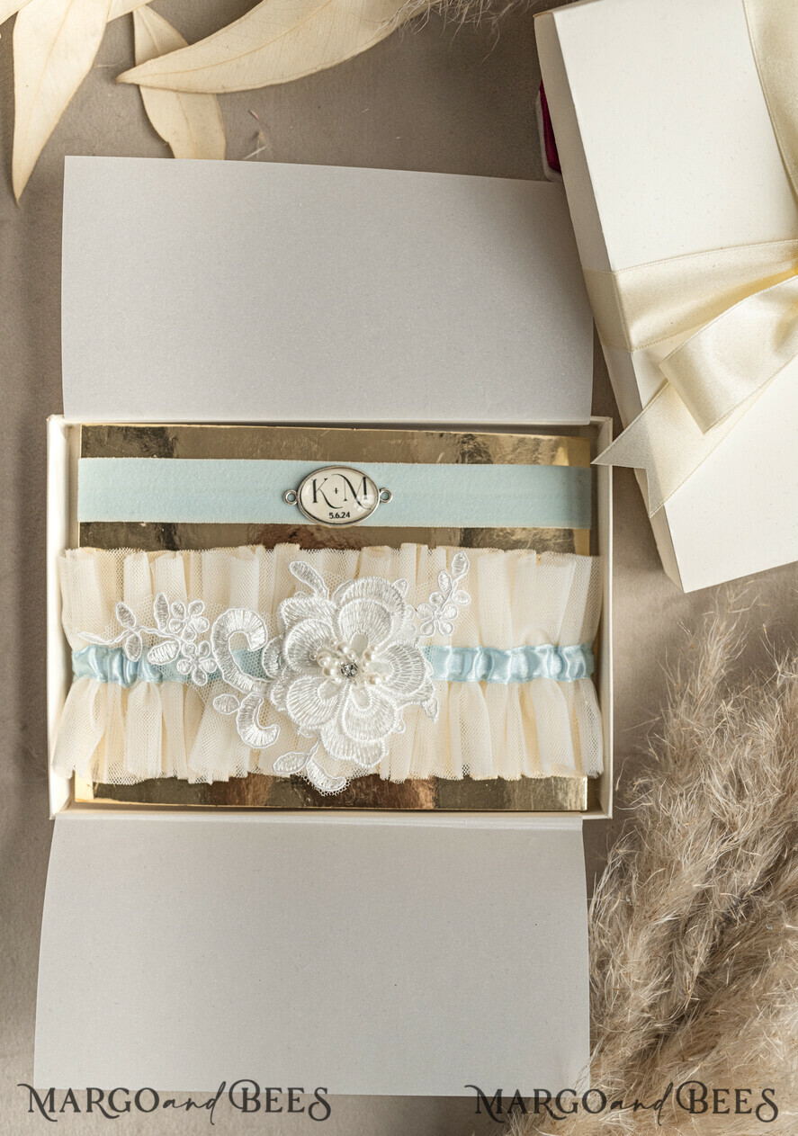 BRIDE bolero, robes, garter GARTER FOR BRIDE Set of Two gartes, personalised wedding garter in box, something blue tulle garter & personalised toss set, garter for bride, bridal shower gift for bride, tulle garter set, gift for bride, toss garter