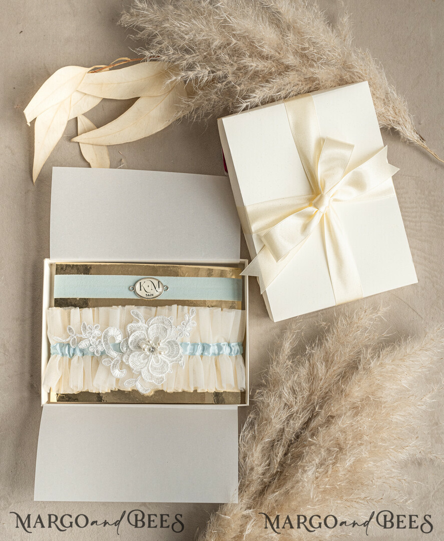 BRIDE bolero, robes, garter GARTER FOR BRIDE Set of Two gartes, personalised wedding garter in box, something blue tulle garter & personalised toss set, garter for bride, bridal shower gift for bride, tulle garter set, gift for bride, toss garter