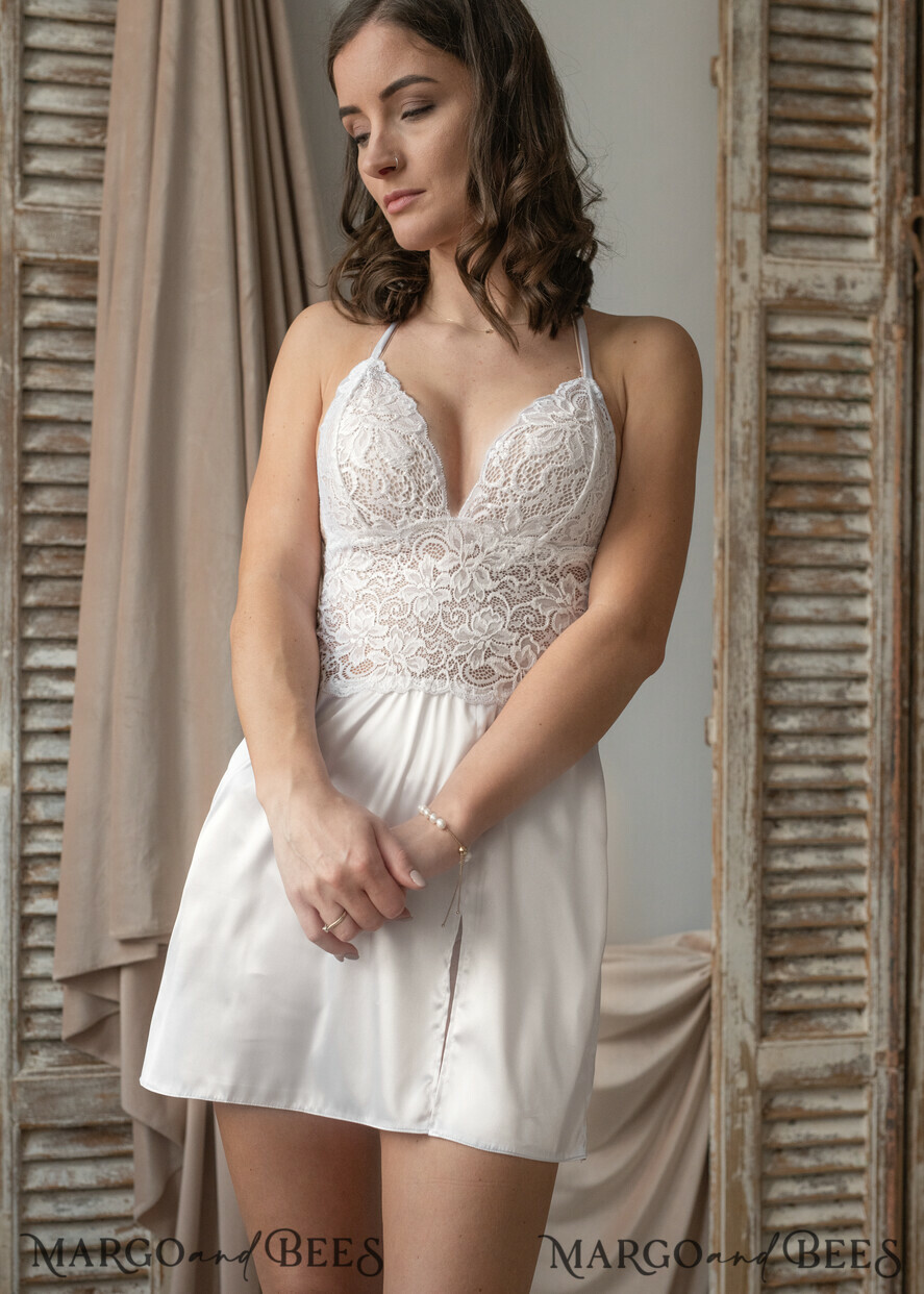 BRIDE bolero, robes, garter NIGHTGOWN / SLIP White Lace nightgown Silk satin for Bride, Bridal Slip, Honeymoon lingerie, Bridal lingerie Bride nightgown