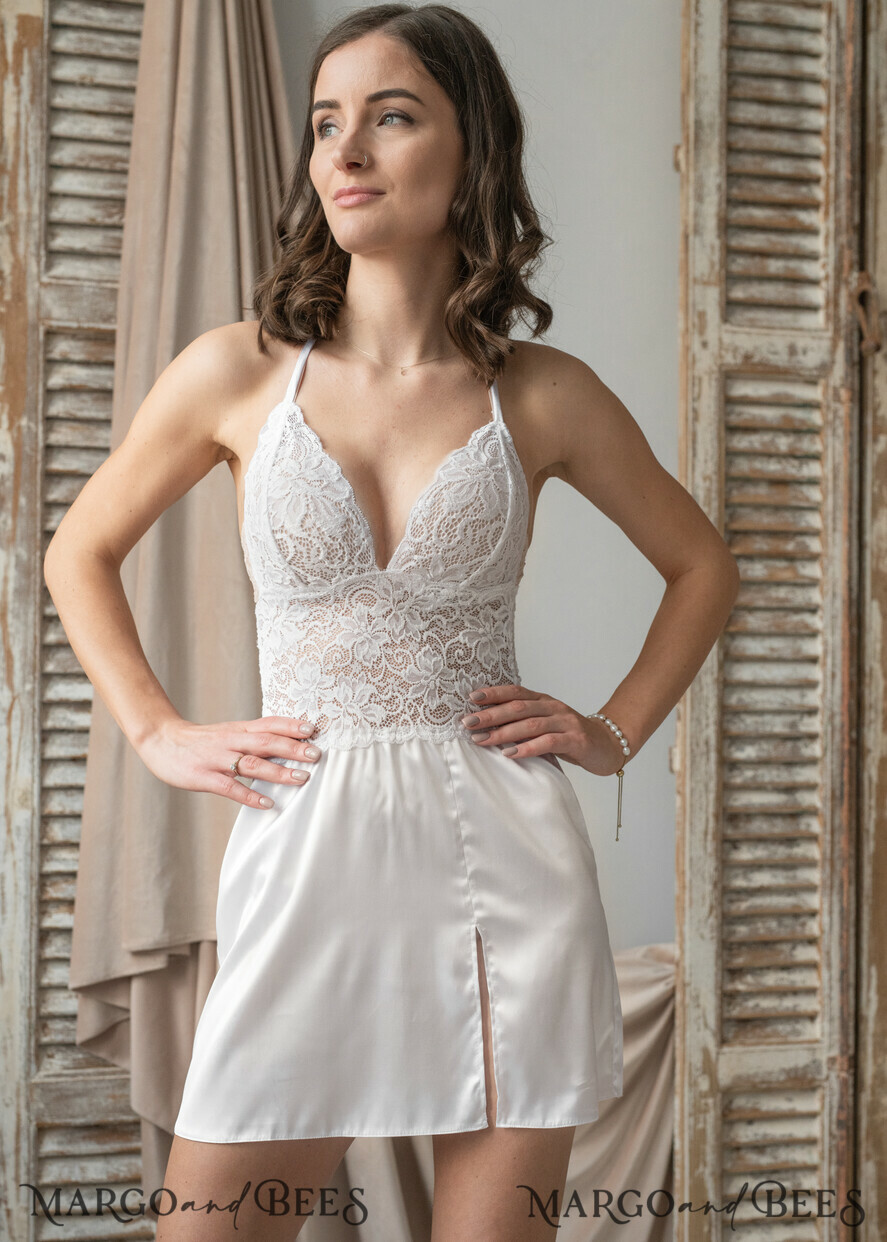 BRIDE bolero, robes, garter NIGHTGOWN / SLIP White Lace nightgown Silk satin for Bride, Bridal Slip, Honeymoon lingerie, Bridal lingerie Bride nightgown