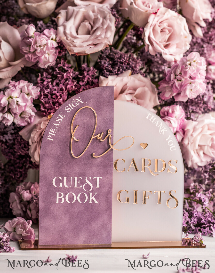 TISCHDEKORATIONSCHILDER Gästebuch & Karten Geschenke Schilder Goldene Acryl Geschenke & Karten Schild mit Ständer, Mauve Samt und goldenes Gästebuch Schild, Gold Mauve Geschenke & Karten Schild, Luxus Hochzeits Gästebuch Dekor