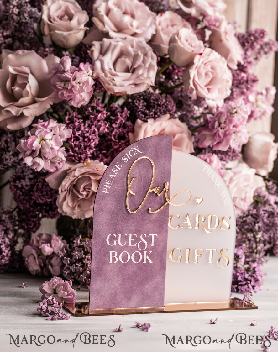 TISCHDEKORATIONSCHILDER Gästebuch & Karten Geschenke Schilder Goldene Acryl Geschenke & Karten Schild mit Ständer, Mauve Samt und goldenes Gästebuch Schild, Gold Mauve Geschenke & Karten Schild, Luxus Hochzeits Gästebuch Dekor