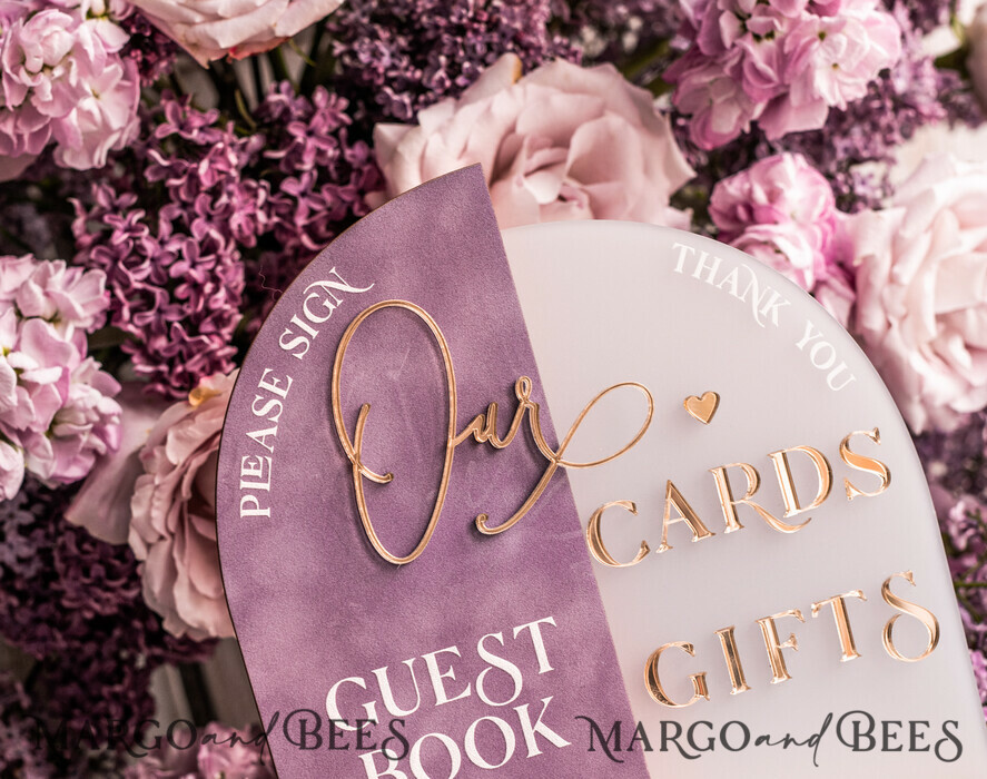 TISCHDEKORATIONSCHILDER Gästebuch & Karten Geschenke Schilder Goldene Acryl Geschenke & Karten Schild mit Ständer, Mauve Samt und goldenes Gästebuch Schild, Gold Mauve Geschenke & Karten Schild, Luxus Hochzeits Gästebuch Dekor