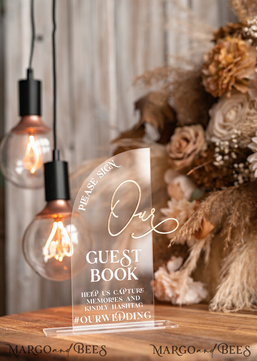 TISCHDEKORATIONSCHILDER Gästebuch & Karten Geschenke Schilder Transparente Acrylschild Unser Gästebuch Schild, Halber Bogen Beige Ombre Acryl Gold Gästebuch Schild, Nude Gold Plexi Schild Unser Gästebuch, Taupe Luxus Hochzeits Tischdekoration, Hochzeitsbeschilderung Goldenes Spiegel Gästebuch Schild mit Ständer.